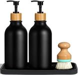 GMISUN Black Hand and Dish Soap Dispenser Set with Tray, 500 ML Plastic Kitchen Sink Soap Dispenser with Bamboo Dish Brush, Farmhouse Kitchen Washing Up Liquid Dispenser Bottle with Pump Bathroom