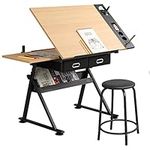 SDHYL Drafting Table Art Craft Drawing Desk Height Adjustable Wood Desk with Stool and Storage Drawers for Drawing, Painting, Writing and Studying