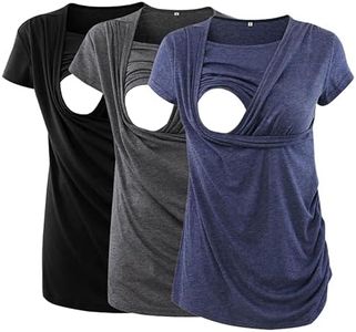 Ecavus 3PCS Women's Maternity Nursing Tops for Breastfeeding Short Sleeve Side Ruched Nursing Shirts