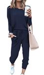 Jhsnjnr Women Two Piece Outfit Pyjamas Set Long Sleeve Tops Pj Pants Sweatsuits Tracksuits Navy Blue