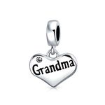 Engrave Word Grandma Heart Dangle Bead Charm For Grandmother Crystal Accent Oxidized .925 Sterling Silver Fit European Bracelet