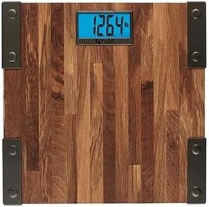 Taylor Digital Scales for Body Weight, Extra High Accurate 440 LB Capacity, Unique Blue LCD, Farmhouse Look, Auto On and OffScale, 12.4 x 12.4 Inches, Brown