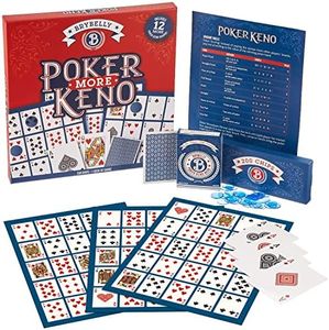MBGBrybelly More Poker Keno - Add 12 More Players - Classic Card Game Expansion Pack - Family Casino Board Game Night Gift Includes Deck of Playing Cards, 12 Boards & 200 Plastic Blue Bingo Chips