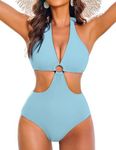 AI'MAGE Women's One Piece Swimsuits Tummy Control O Ring Cutout High Waisted Bathing Suit Tie Back Swimwear Light Blue