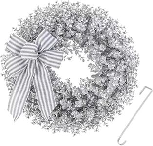 KuiMen Christmas Wreath, 18 inch Silver Boxwood Wreath with Door Hanger for Front Door, Living Room, Fireplace, Window, Farmhouse and Corridor