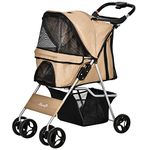 PawHut Dog Stroller, Foldable Pet Stroller for XS and Small Dogs and Cats, 4 Wheels Travel Carrier with Cup Holder, Storage Basket, 360° Wwiveling Front Wheels, Coffee