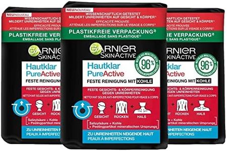Garnier PureActive Lot de 3 nettoyants solides pour le visage avec du charbon de bois 100 g chacun, 1 paquet