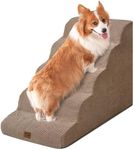 EHEYCIGA Curved Dog Stairs Ramp for High Beds, 5-Step Extra Wide Dog Steps for Small Dogs and Cats, Pet Stairs for High Bed Climbing, Non-Slip Balanced Pet Step Indoor, Camel