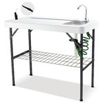 Hupmad Folding Fish Cleaning Table Portable Camping One Sink Table with Faucet Drainage Hose & Sprayer Outdoor Fish Fillet Cleaning Station with Grid Rack & Knife Groove for Picnic Fishing, Black