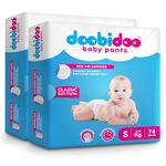 Doobidoo Classic Baby Diaper Pants with High Absorbency, Anti-Leak Side Cuffs, Cottony Bubble Soft, Rash-Free, Small Size (S) 4-8 Kg, Pack of 2, 148 Count