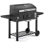 VonHaus Charcoal BBQ – Portable Barbecue with Warming Rack, Fold Down Shelves, Temperature Gauge, Wheels, Large Cooking Grill, Air Vents – 2 in 1 Barbeque and Smoker – Grill Meat, Fish & Vegetables