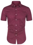 sourcing map Men's Printed Cotton Dress Short Sleeves Polka Dots Button Down Shirt Burgundy L