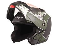 Vega Crux Dx Camouflage ISI Certified Smooth Matt Finish Flip-Up Helmet for Men and Women with Clear Visor(Dull Black Battle Green, Size:M)