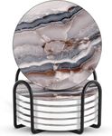 EDIDEUENICA Coasters for Drinks Absorbent – Natural Stone Drink Coasters Set with Holder, Coasters for Coffee Table, Wooden Tabletop Protection Marble Style – 100% Heavy Duty, Set of 6 (Onyx)