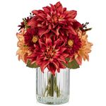 Arborus Fake Fall Flowers with Vase, Artificial Fall Dahlia & Mum Silk Floral Arrangement with Glass Vase Faux Autumn Flowers Bouquet for Home Office Room Coffee Table Centerpiece Wedding Decoration