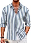 COOFANDY Men's Casual Dress Shirt Solid Long Sleeve Button Up Summer Shirts Cuban Shirt Blue Stripe