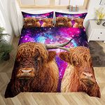 feelingyou Highland Cow Duvet Cover Set Double Purple Galaxy Cattle Bedding 3pcs for Kids Boys Teens Room Decor, Funny Animal Print Comforter Western Cowboy Quilt with 2 Pillowcases, (79''x79)