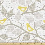 Lunarable Grey Fabric by The Yard, Birds on The Branch with Pastel Leaves on Dotted Background Nature Art, Decorative Fabric for Upholstery and Home Accents, 1 Yard, Yellow Beige