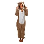 tuduoms Unisex Adult Bear Onesie Pajamas Christmas Sherpa Women's Cosplay Animal One Piece Costume Hooded Romper Jumpsuit, Khaki, Small