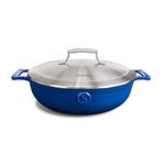 SAVEUR SELECTS 30cm / 4.5QT Enamel Cast Iron Braiser with Stainless Steel Double-Walled Lid | Non Stick, Heirloom Quality Oven Safe 4.2L PFOA & PFAS-Free Cooking Pot Dutch Oven - Voyage - Classic Blue