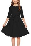 GORLYA Girl's 3/4 Sleeve Casual Scalloped Edge A-line Belted Dress with Pockets for 4-14T Kids (GOR1031, 6-7Y, Black)