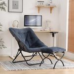 YOTATING Saucer Chair with Ottoman, Comfy Faux Fur Chair Oversized Folding Soft Furry Lounge Lazy Chair Metal Frame Moon Chair Accent Chair for Bedroom, Living Room, Dorm Rooms, Navy