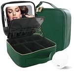 MOMIRA Travel Makeup Bag with Lighted Mirror, Adjustable Brightness in 3 Color Scenarios, Waterproof, 10x Magnifying Mirror, Rotatable Independent Light Mirror-Emerald Green (Solid)