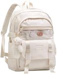 Phaoullzon Kawaii Backpack for Girls Aesthetic Bookbag Cute Anime Backpack for School with Pins and Pendant, Beige, Medium, Kawaii