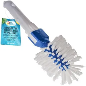 U.S. Pool Supply Corner and Step Round Pool Brush with Pole Handle - Strong Nylon Bristles Scrub and Clean Corners, Steps, Stairs, Spa Jets - Remove Debris, Connect 1-1/4" Poles, Safe for Vinyl Liners