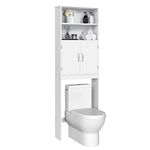 YAHEETECH Over The Toilet Bathroom Organizer, Wooden Modern Space Saver Storage Cabinet with Adjustable Shelf and Glass Door, White