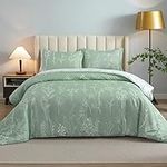 Koniroom Sage Green Floral Comforter Set Queen Size - Reversible Botanical Bedding Sets with Cute Flowers Plants for Women Girls All Season 3 Pieces Comforters with 2 Pillow Shams (90x90 Inches)