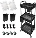 Inspired Living 3-Tier Plastic Rolling Utility Cart with Handle, Lockable Caster Wheels 2 Bins 3 Hanging Baskets & 4 Hooks, Multi-Functional Storage Trolley, for Kitchen, Living Room, Bathroom, Black