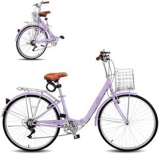 Ktaxon Foldable Beach Cruiser Bike, 26" Folding Women's Bike with 7 Speed Shifting, Foldable Basket, Adjustable Seat, Removable Lock & Dual V-Type Brakes for Women & Adults(Purple)