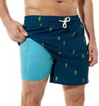 BRISIRA Swim Trunks Men Quick Dry Swim Shorts 5 inch Inseam Stretch Water Beach Shorts with Compression Liner Zipper Pocket Blue Pineapple