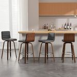 Bar Stools Set of 4 Swivel Bar Stools with Backs, 29 Inch Bar Height, Upholstered PU Leather Barstool, L Shape Back and Padded Seat, Mid-Century Modern Bar Stool Chairs for Kitchen Island, Grey