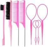 ZVOREI 8Pcs Hair Brushes Set with 4Pcs Topsy Hair Tail Tools 1Pcs Bristle Teasing Hair Brush 1Pcs Edge Control Brush 2Pcs Metal Pin Rat Tail Combs for Woman Girl Hair Styling,Edge&Back Brushing Pink