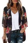 Womens Short Sleeve Cardigan Kimono for Swimsuits Chiffon Tops Shirts(Black Floral, M)