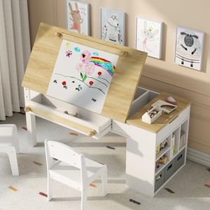 Gyfimoie Kids Art Table and 2 Chairs Set,3 in 1 Wooden Craft Desk with 2 Drawers,3 Fabric Drawers,Storage Shelf,Paper Roll,Learning and Reading, Activity Play Desk for Home