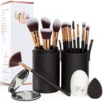 Lit Life Flawless 16-Piece Vegan Makeup Brush Set: 12 Professional Brushes, Makeup Organiser/Travel Case, Beauty Blender, Brush Cleaner, Compact Mirror & Gift Box