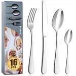 Cutlery Set, BEWOS 16 Piece Stainless Steel Matt Silver Flatware Set, Tableware Silverware Set with Spoon Knife and Fork Set, Service for 4, Dishwasher Safe/Easy Clean