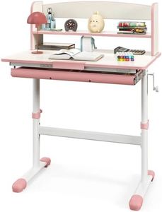 HONEY JOY Kids Study Desk, Height Adjustable Children Writing Table w/Tilt Desktop, Home School Student Learning Desk w/Hutch, Storage Drawer & Scale Ruler for 3-12 Years Old, Pink