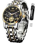 OLEVS Watch for Men Skeleton Analog Quartz Chronograph Diamond Watches Two Tone Stainless Steel Moon Phase Calendar Waterproof Wrist Watch Two Tone&Gold Black