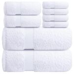Infinitee Xclusives Premium Bath Towel Set 8-Piece (2 Bath Towels, 2 Hand Towels, 4 Washcloths), Super Absorbent Soft 100% Ring-Spun Cotton for Spa, Gym, Hotel & Bathroom, Brilliant White
