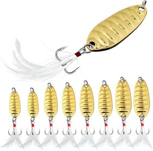 Bombrooster 8Pcs Fishing Spoons with Rooster Tail Treble Hooks, Spinner Bait Kit for Bass Salmon Trout 3/16oz 3/8oz 1/2oz 3/4oz