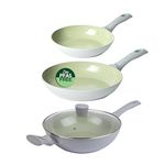 Salter Earth 3-Piece Frying Pan & Wok Set – Includes 20/24 cm Frying Pan & 28 cm Wok with Glass Lid, Healthy Ceramic Non-Stick Coating, PFAS-Free Induction Cookware, Easy Clean, PFOA/PTFE-Free, Green