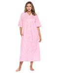 Casual Nights Women's Zip Front Woven House Dress | 3/4 Sleeves Housecoat Long Duster Lounger, Striped Pink, 3X