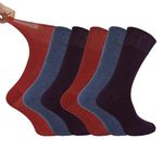 IOMI Footnurse - Mens 6 Pairs Cotton Non Elastic Diabetic Socks With Honeycomb Top (6-11, Burnt Orange/Blue/Burgundy)