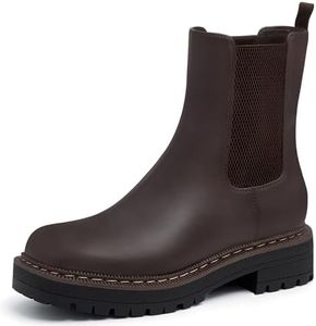 Athlefit Women's Chelsea Ankle Boots Platform Lug Sole Slip On Short Boots Comfortable Low Heel Dress Booties Dark Brown Size 8.5