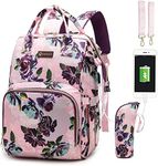 QWREOIA Floral Diaper Bag Backpack with USB Charging Port Stroller Straps and Insulated Pocket,Travel Bag Nappy Backpack For Women/Mum (Rose Flower Pattern)