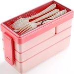 Bento Box Lunch Boxes,1450ml Bento Lunch Box for Adults Kids,Stackable 3 Layer 4 Compartments,Leak Proof Japanese Lunch Box with Cutlery Set,Meal Prep Container Box,Microwave Dishwasher Safe (Pink)